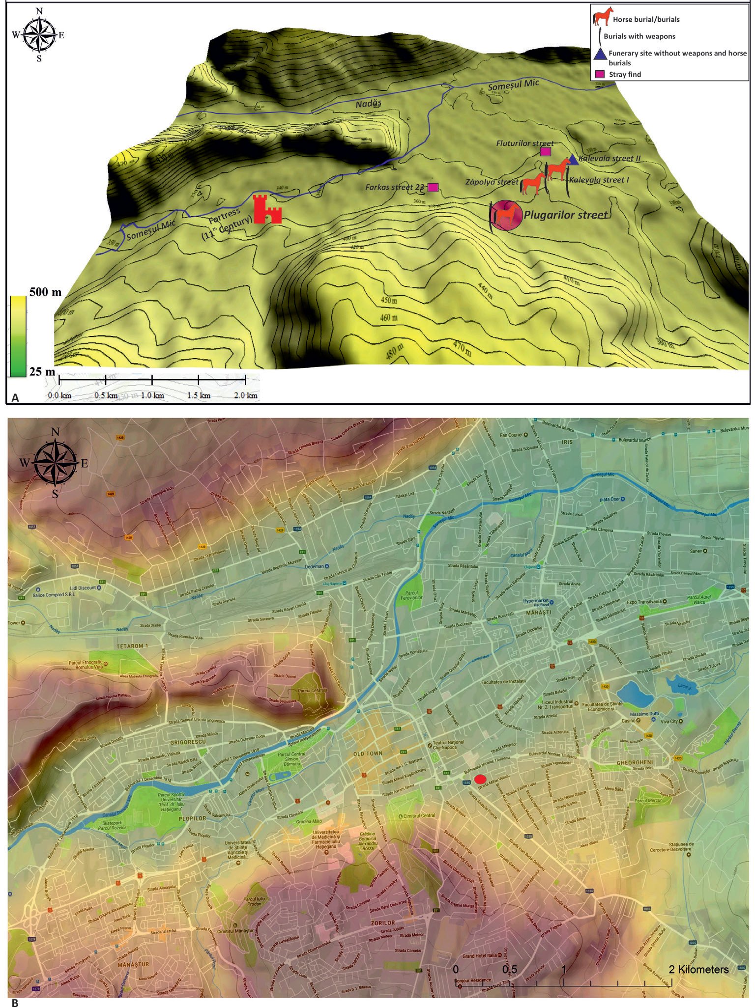 Fig. 2/A. The 10th‒11th century archaeological sites in the area of Cluj-Napoca; 2/B. Cluj-
Napoca Plugarilor street: location of the archaeological site (marked through a red circle)